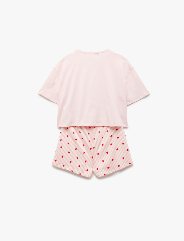Pamuklu Bisiklet Yaka Kısa Kollu Kalpli Şort Pijama Takımı_3