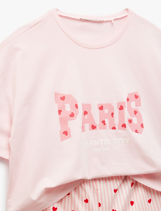 Pamuklu Bisiklet Yaka Kısa Kollu Kalpli Şort Pijama Takımı_4