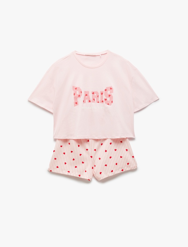 Pamuklu Bisiklet Yaka Kısa Kollu Kalpli Şort Pijama Takımı_2