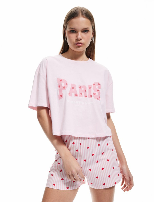 Pamuklu Bisiklet Yaka Kısa Kollu Kalpli Şort Pijama Takımı_1