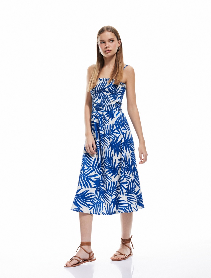  Gipeli Askılı A Kesim Çiçekli Midi Elbise Bürümcük