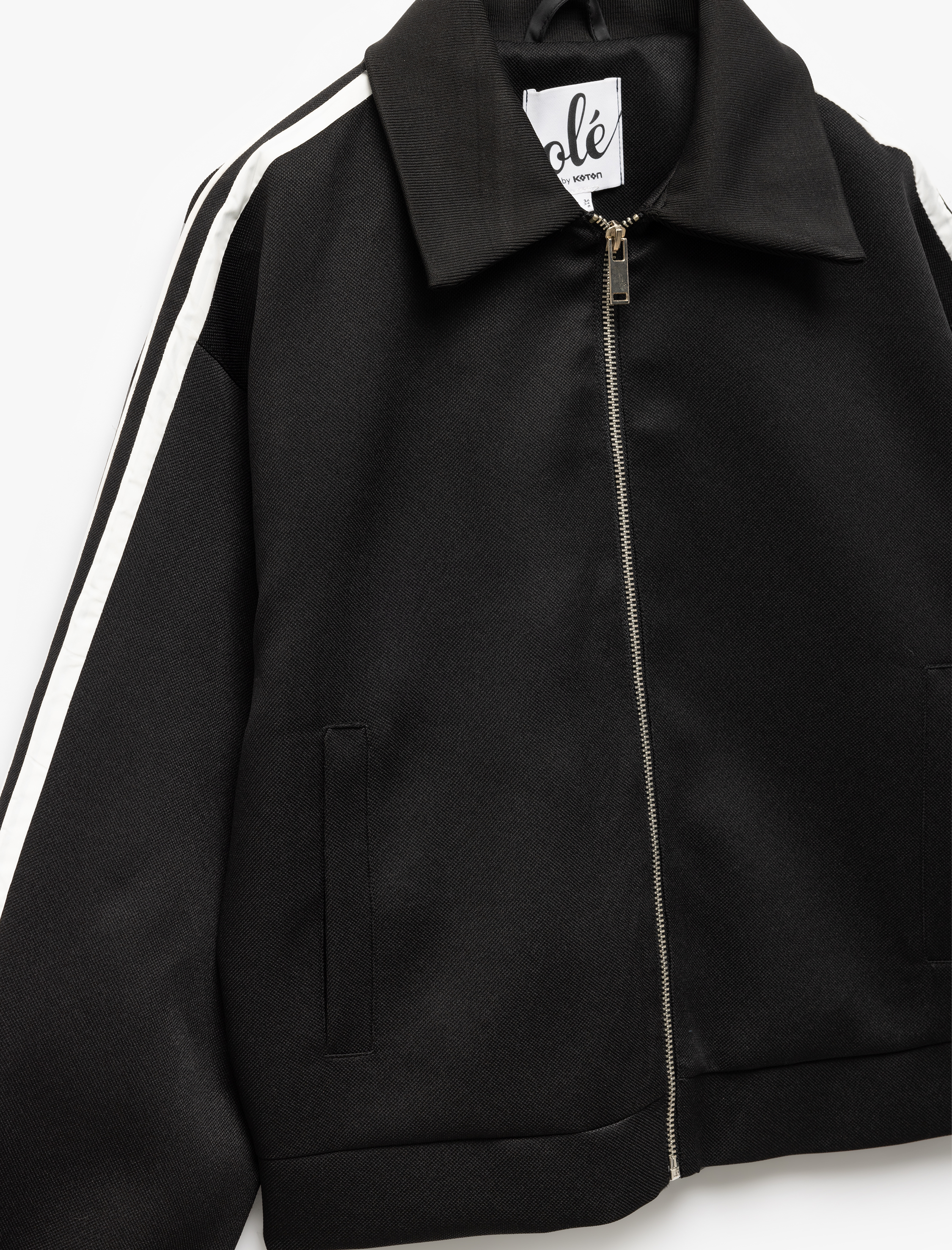   Fermuarlı Gömlek Yaka Çift Cepli Çizgili Bomber Ceket