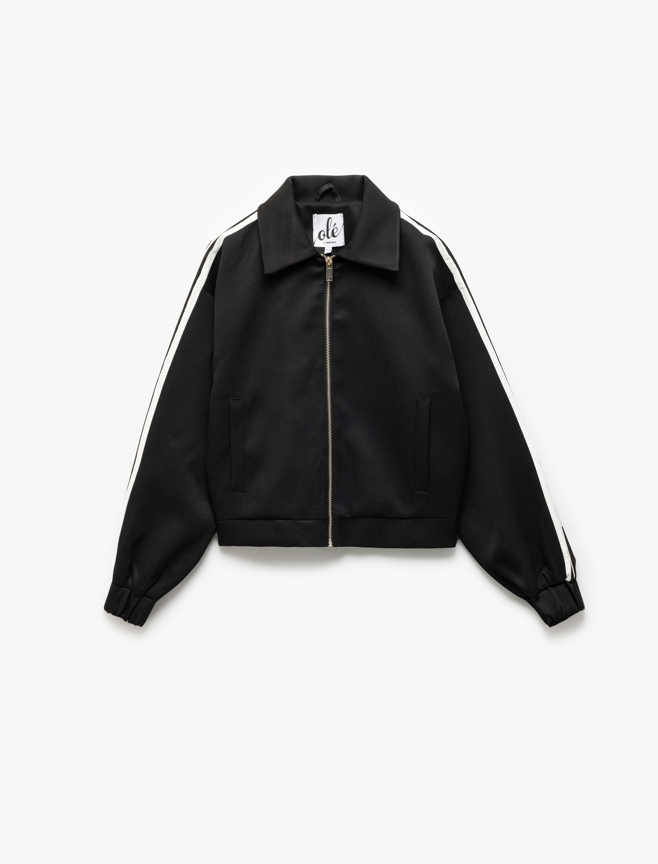   Fermuarlı Gömlek Yaka Çift Cepli Çizgili Bomber Ceket