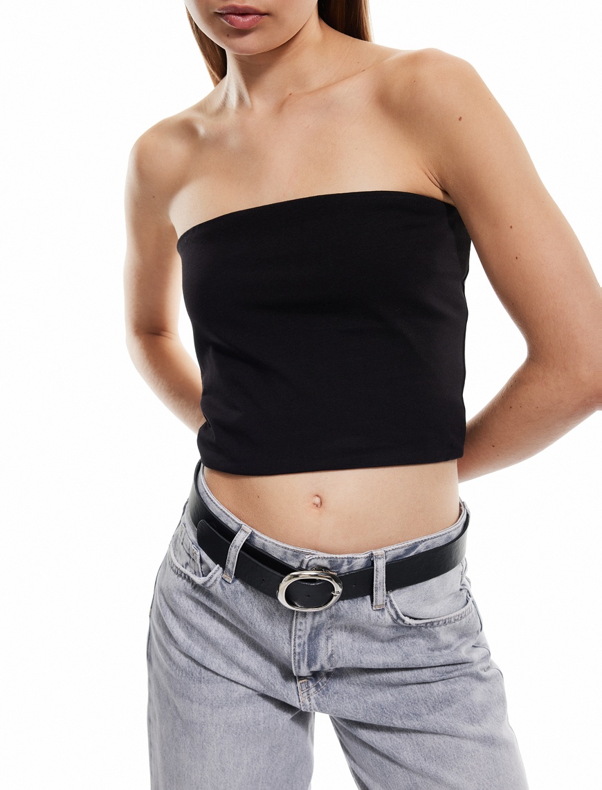   Pamuklu Straplez Kolsuz Slim Fit Crop Bluz