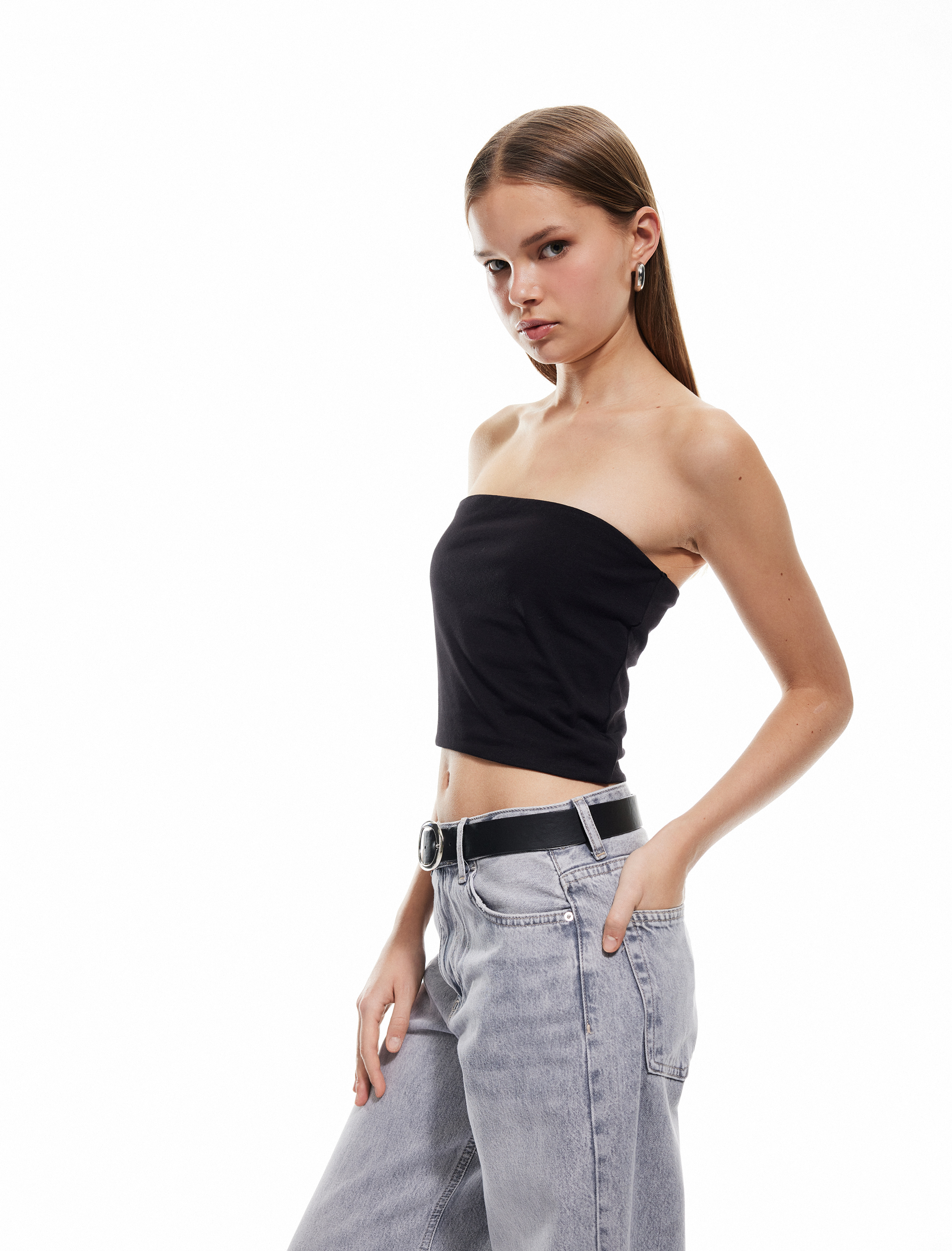 Koton Kadın Pamuklu Straplez Kolsuz Slim Fit Crop Bluz -1