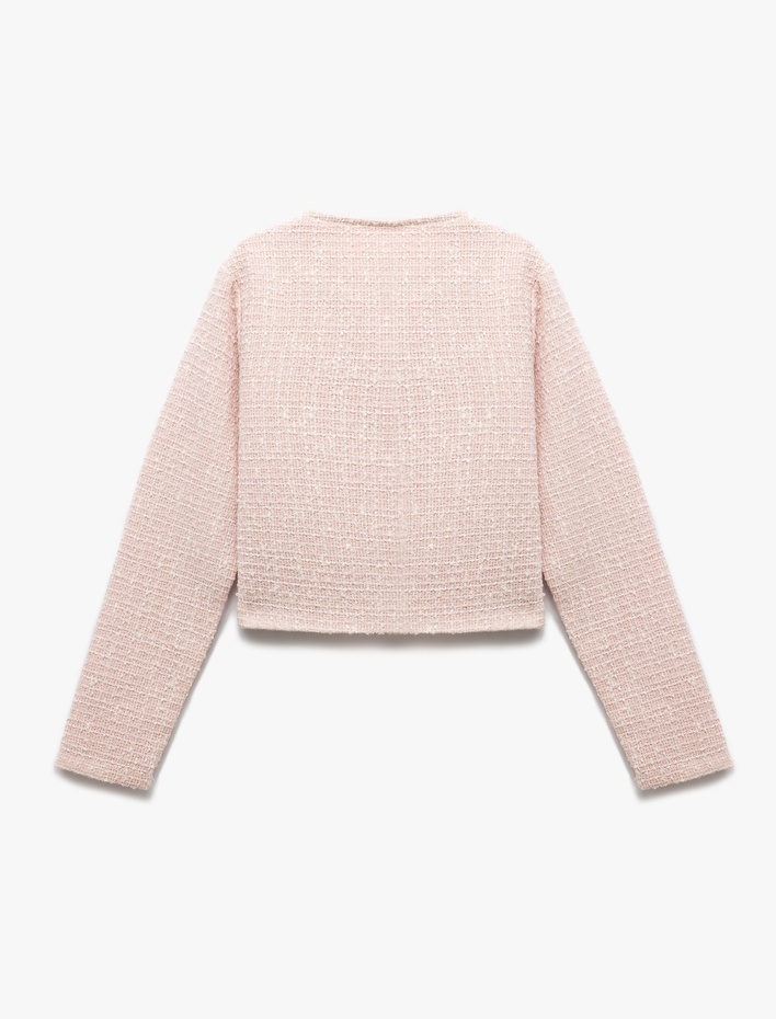 Kız Çocuk Uzun Kollu İnci Düğme Detaylı Bisiklet Yaka Tüvit Ceket