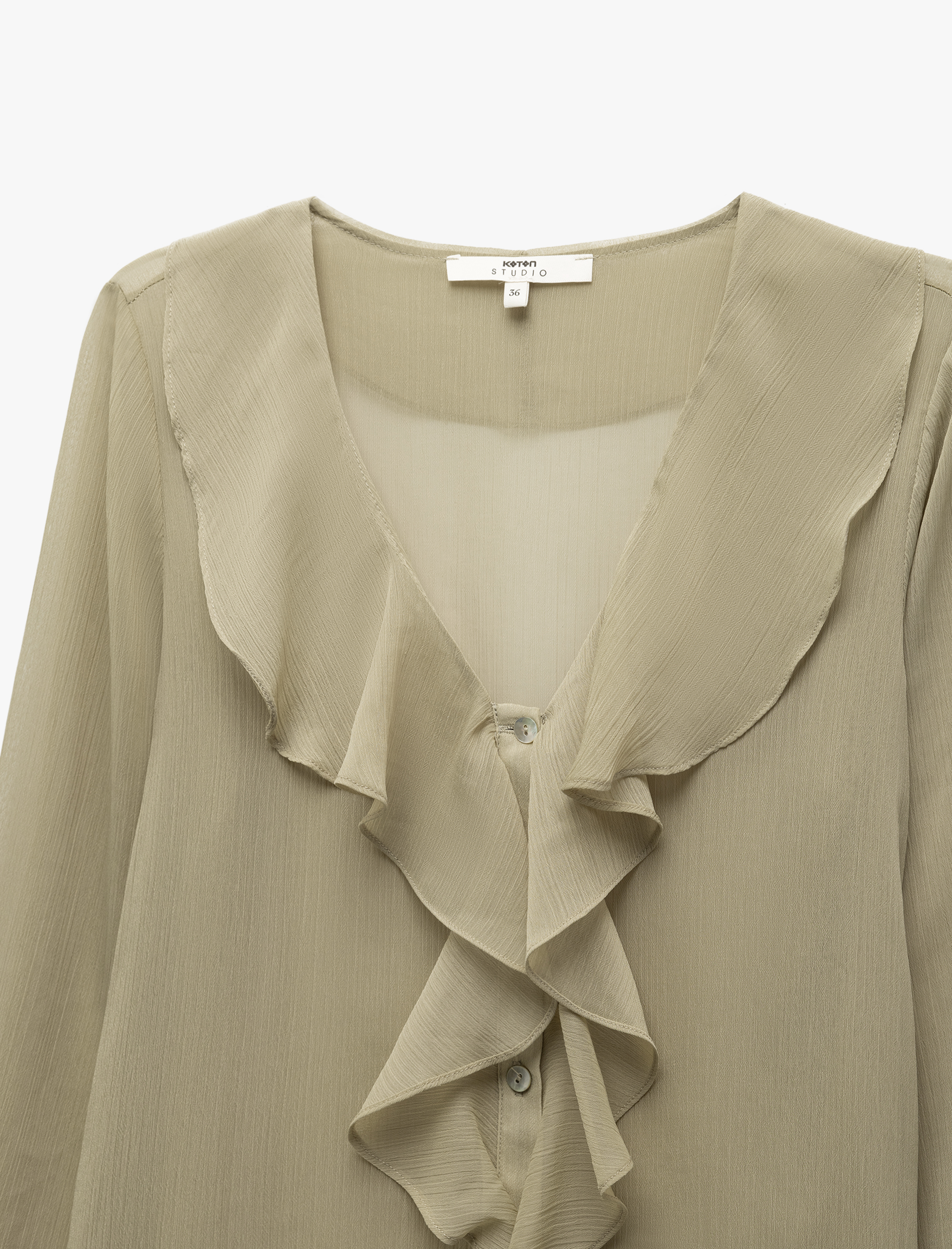 Yarı Transparan Volanlı Uzun Kollu V Yaka Fırfırlı Şifon Gömlek