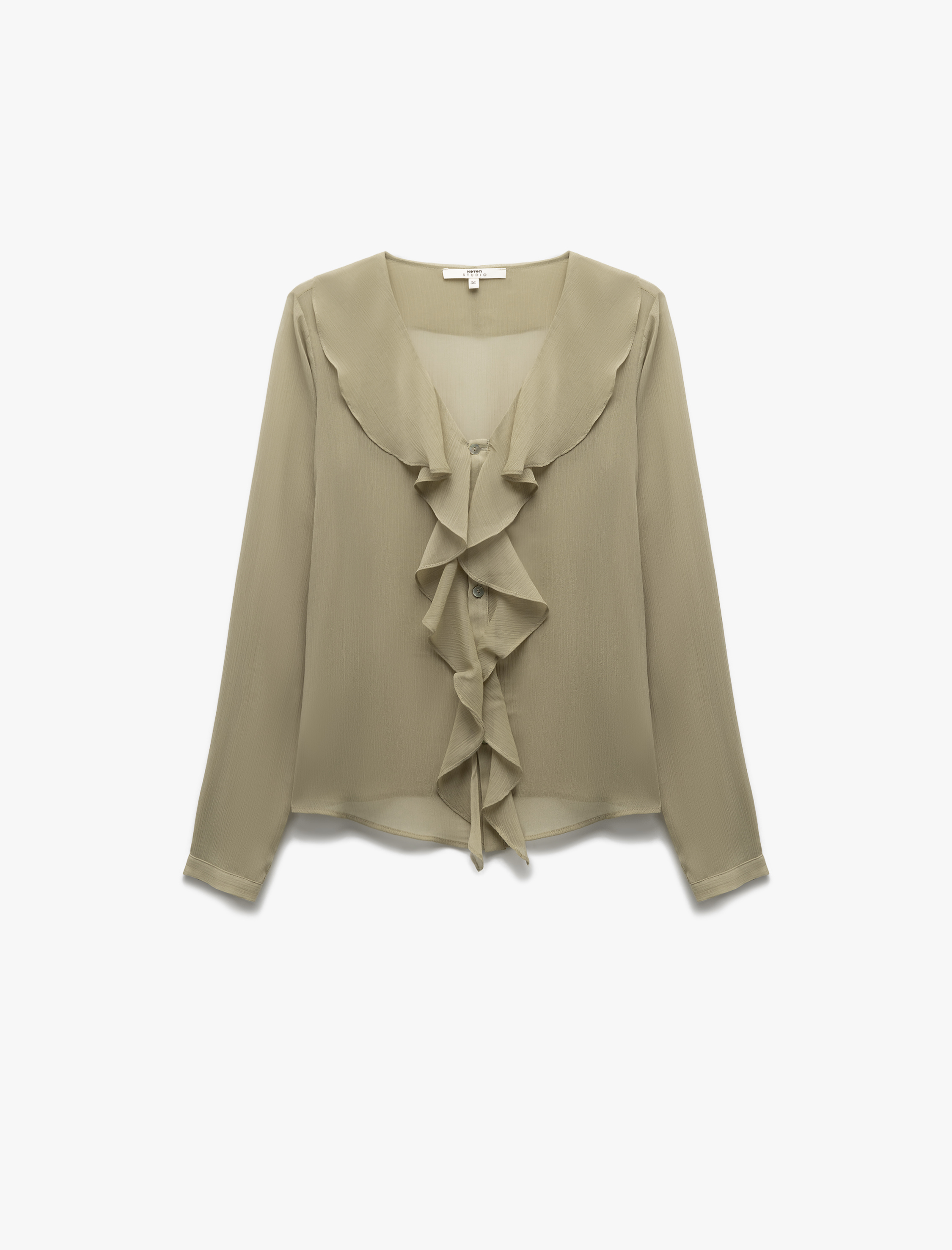 Yarı Transparan Volanlı Uzun Kollu V Yaka Fırfırlı Şifon Gömlek