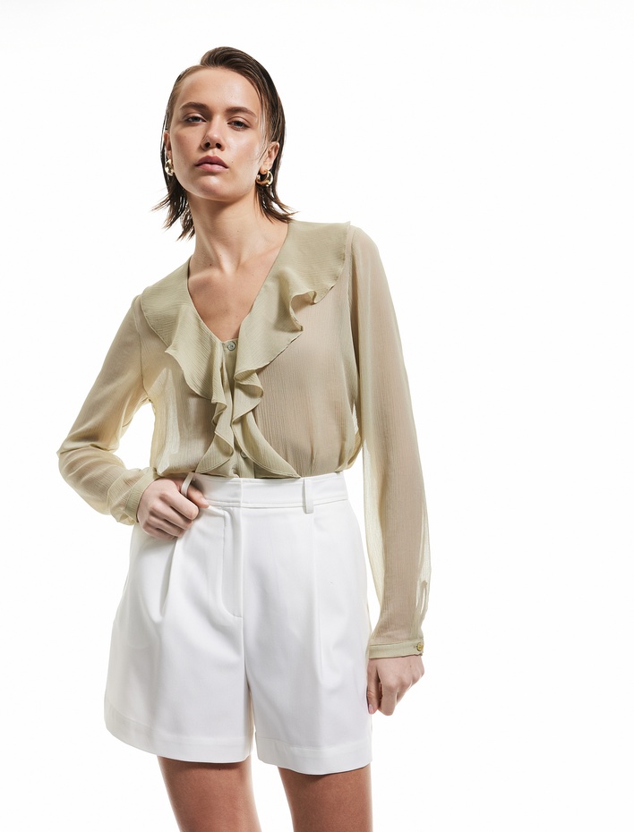  Yarı Transparan Volanlı Uzun Kollu V Yaka Fırfırlı Şifon Gömlek