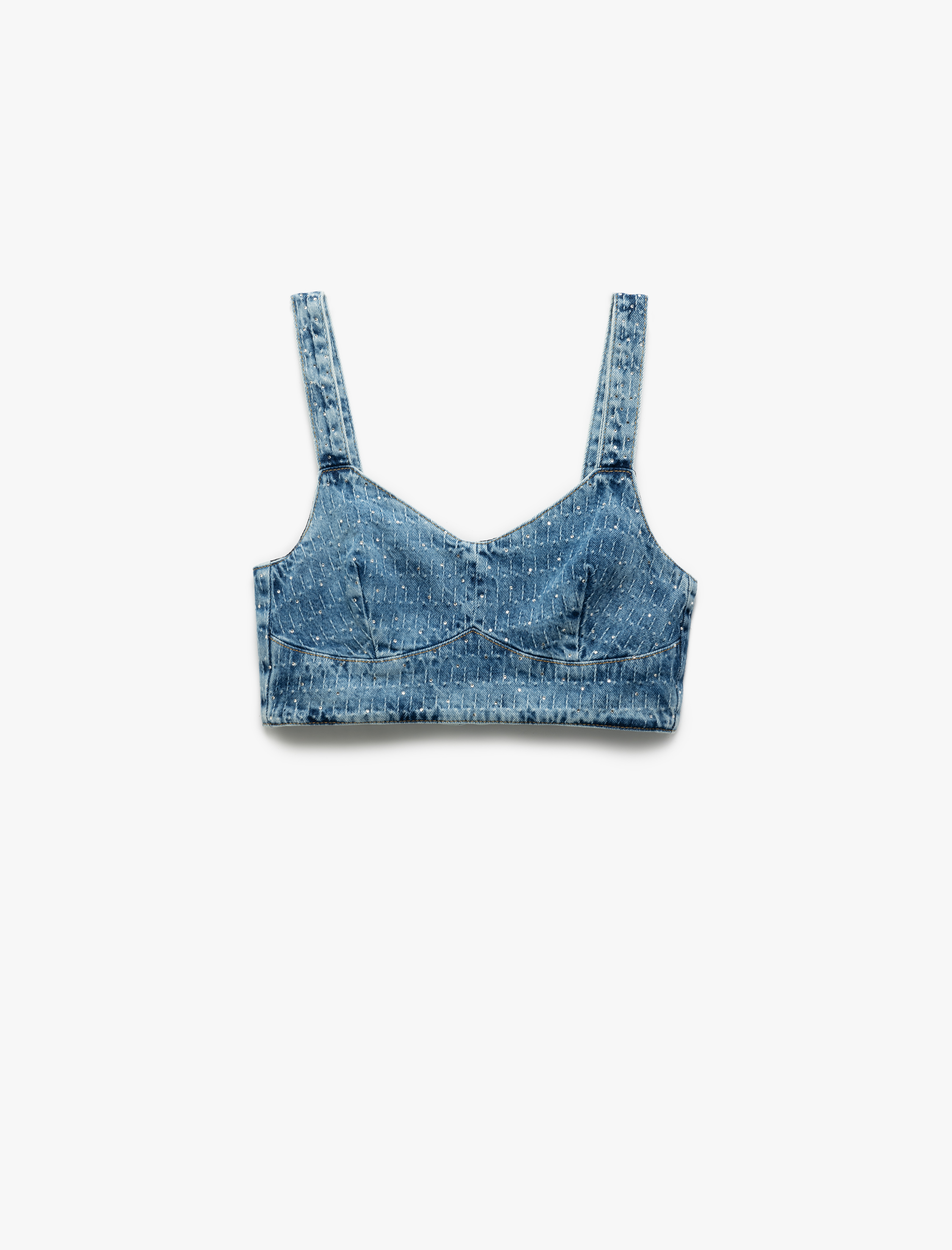  Taş Detaylı Dar Kesim V Yaka Denim Crop Bluz