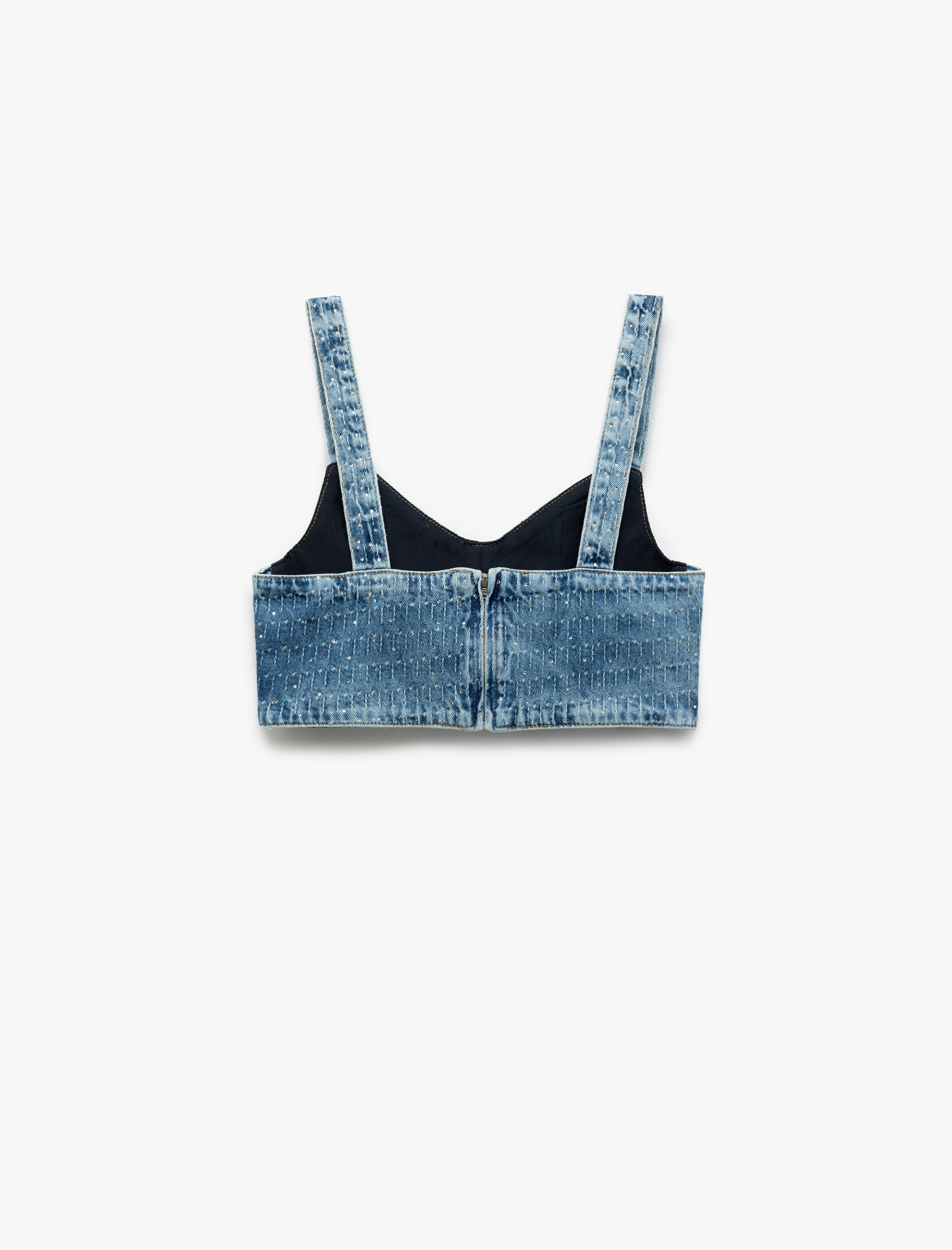   Taş Detaylı Dar Kesim V Yaka Denim Crop Bluz