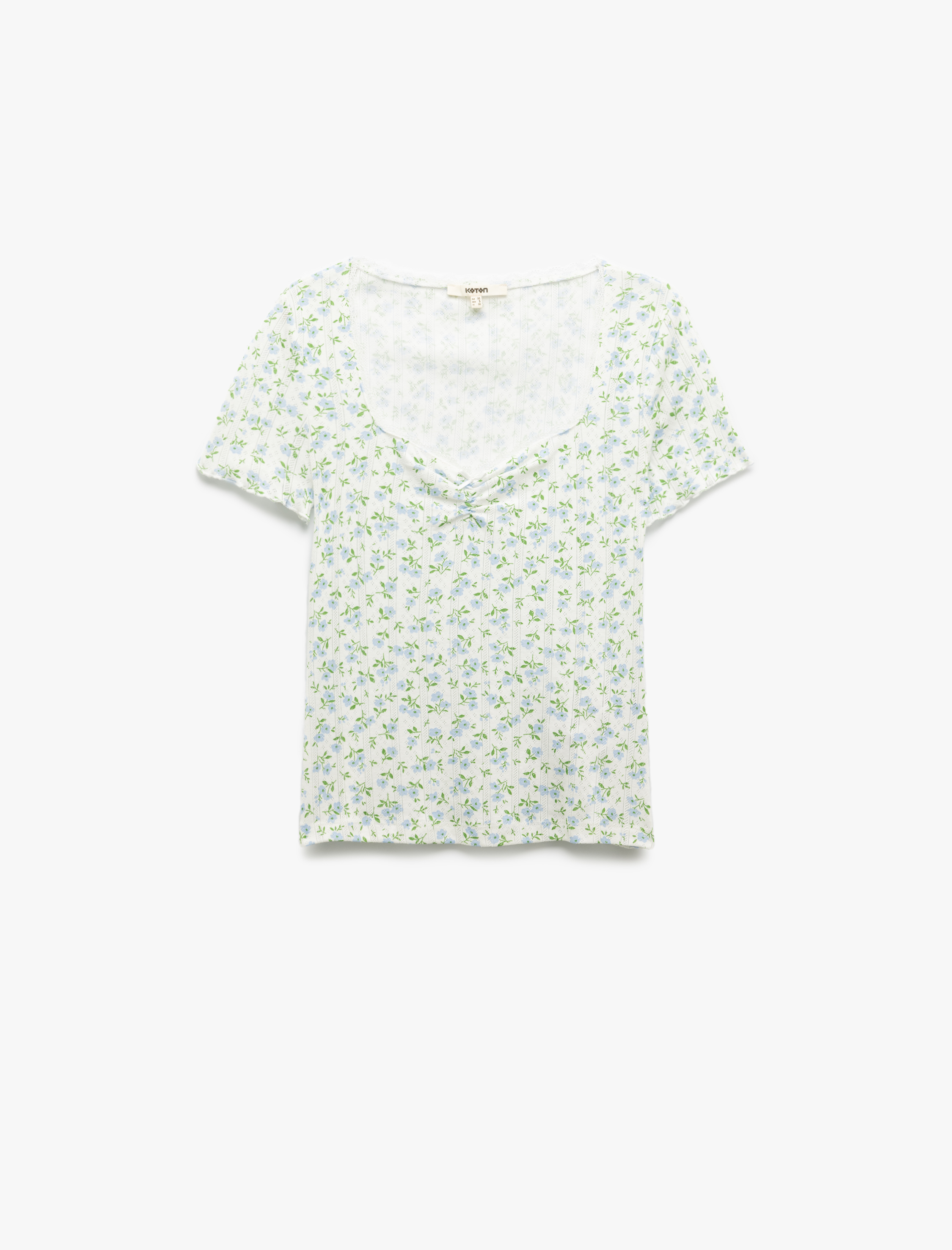   Büzgü Detaylı Kare Yaka Slim Fit Pamuklu Çiçekli Tişört