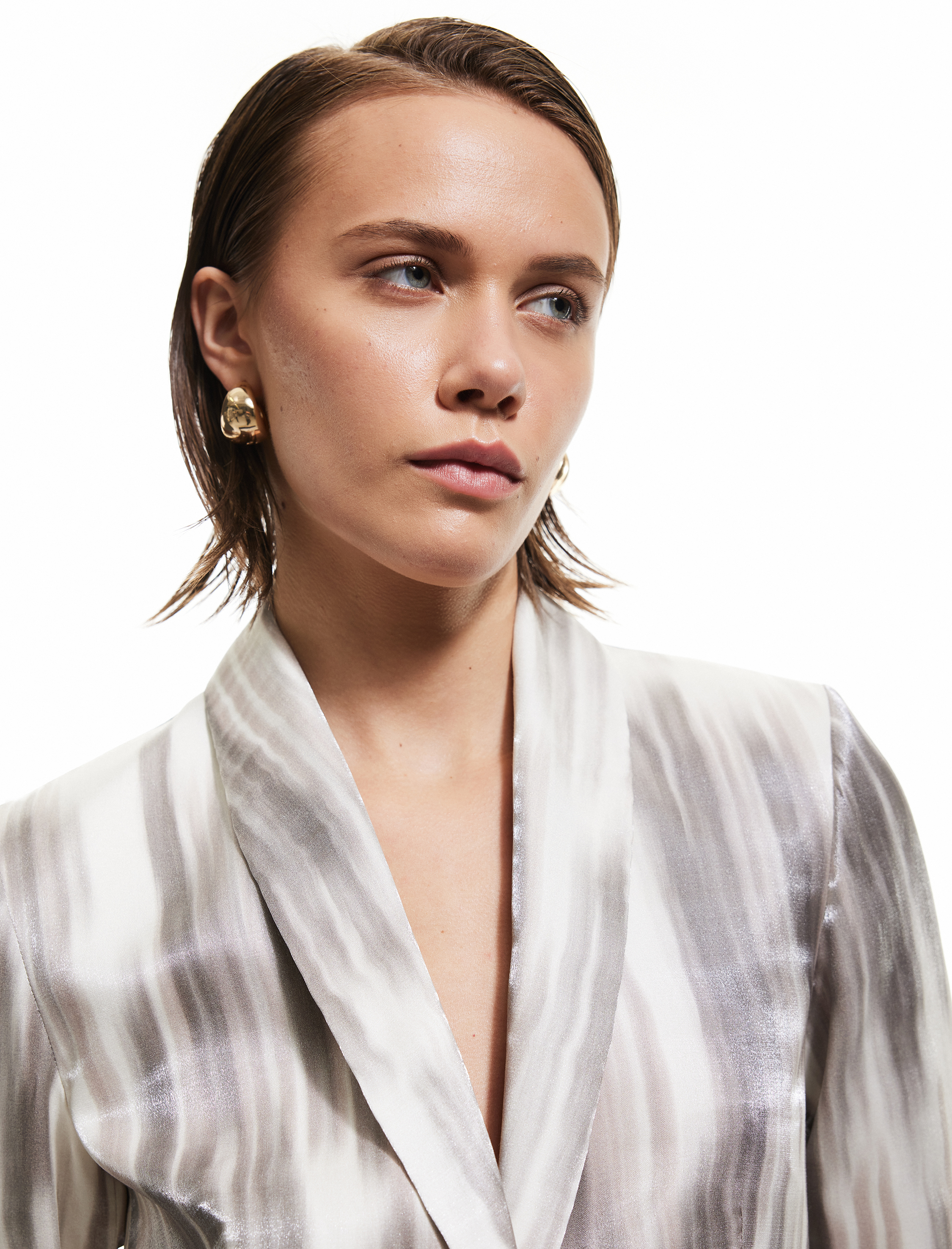   Renk Geçişli Desenli Cepli Uzun Kollu Saten Blazer Ceket