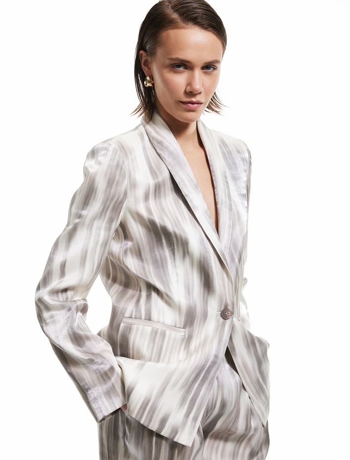  Renk Geçişli Desenli Cepli Uzun Kollu Saten Blazer Ceket