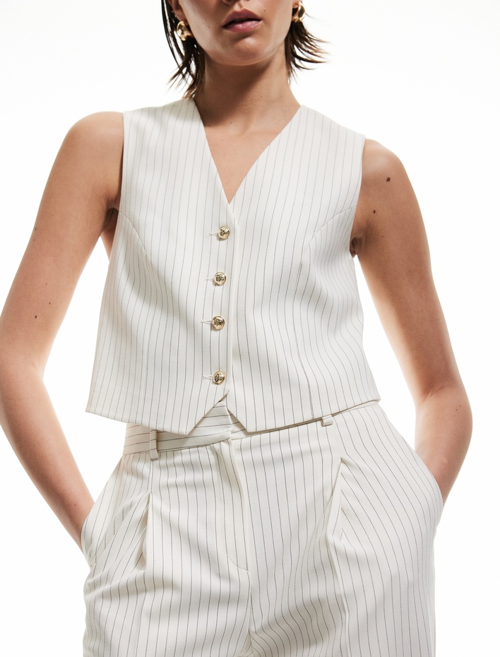  Kolsuz V Yaka Düğme Detaylı Çizgili Blazer Yelek