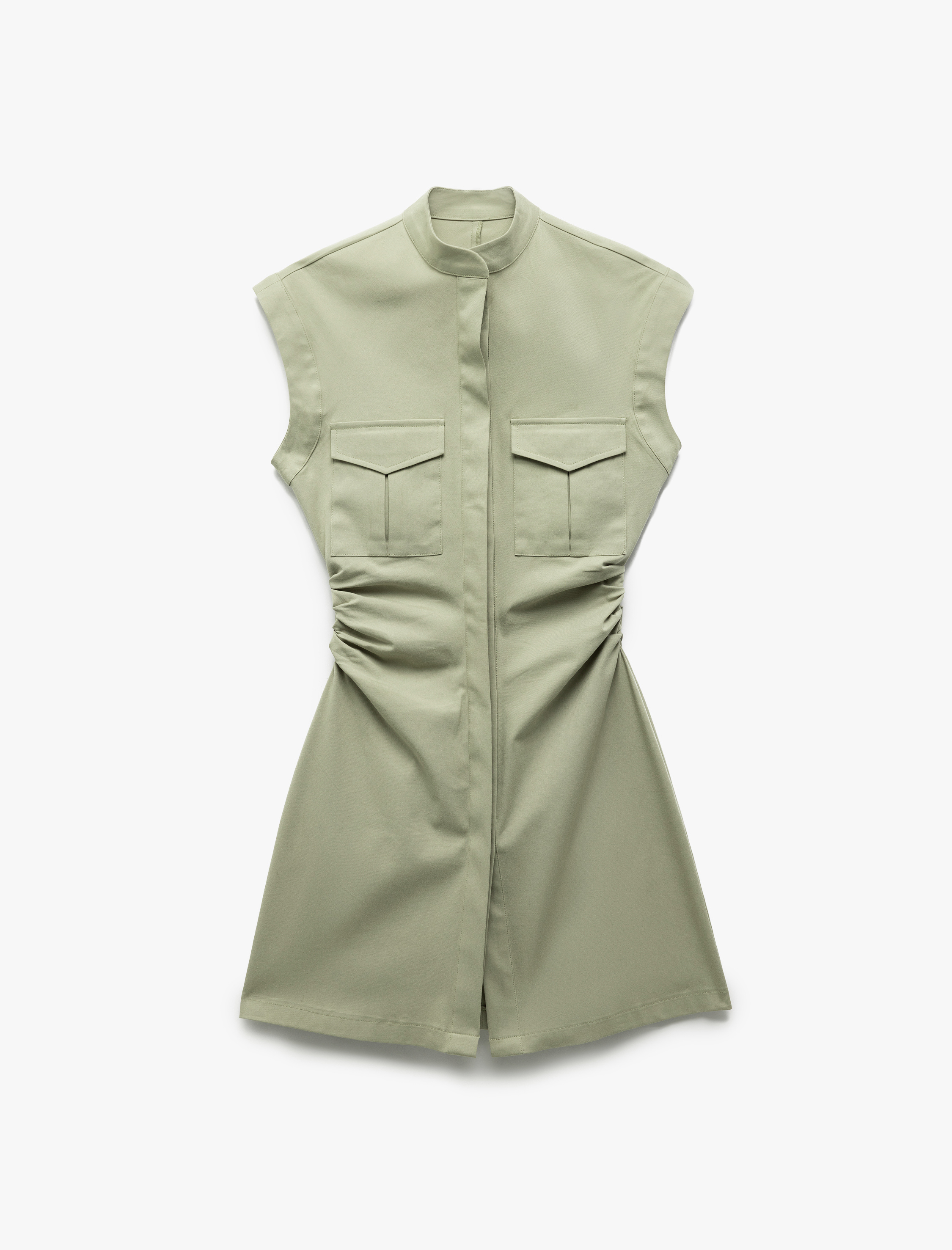   Pamuklu Drape Detaylı Cepli Kolsuz A Kesim Mini Gömlek Elbise