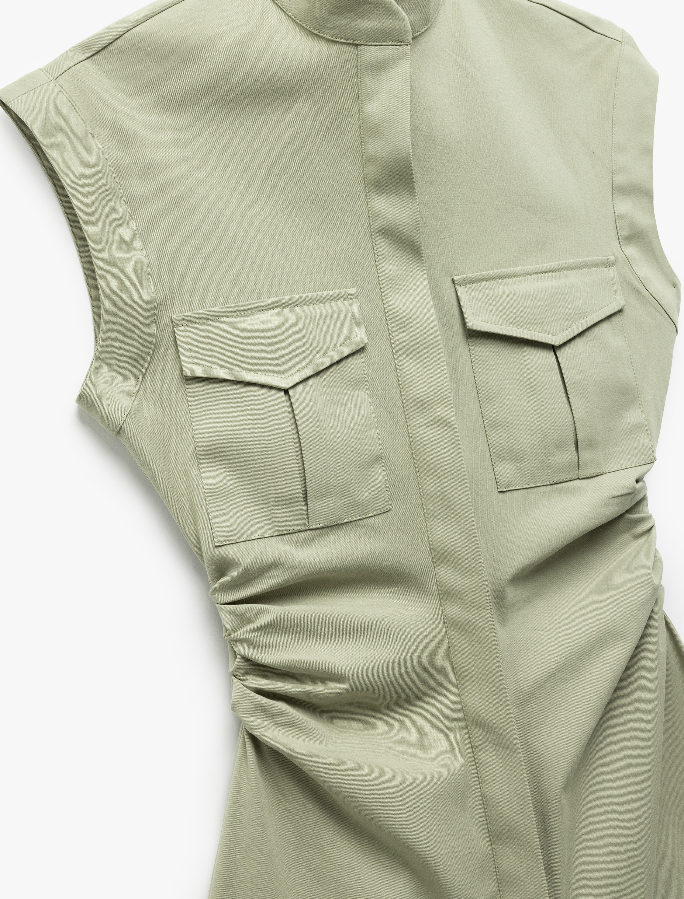   Pamuklu Drape Detaylı Cepli Kolsuz A Kesim Mini Gömlek Elbise