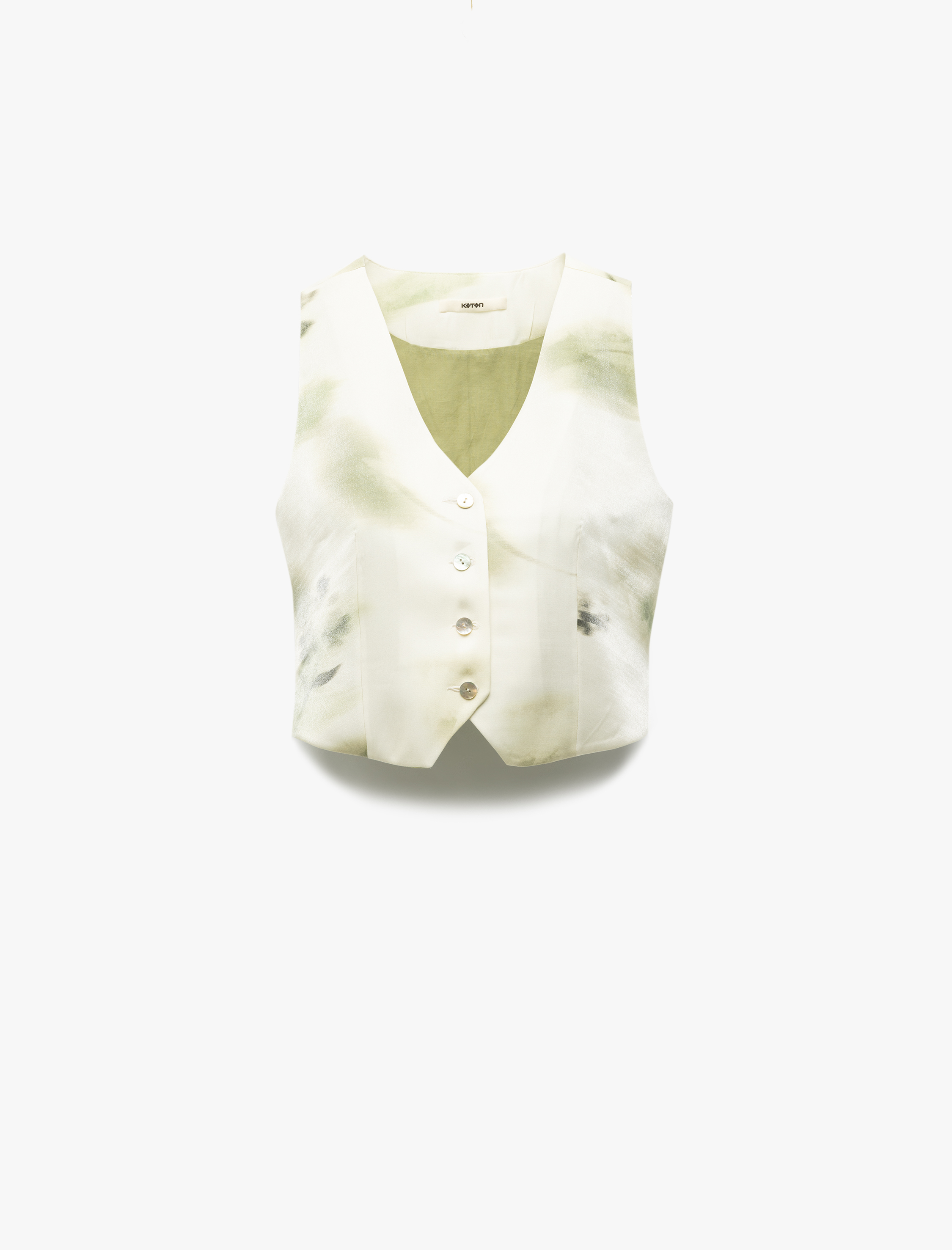 V Yaka Kolsuz Düğmeli Batik Desenli Saten Yelek