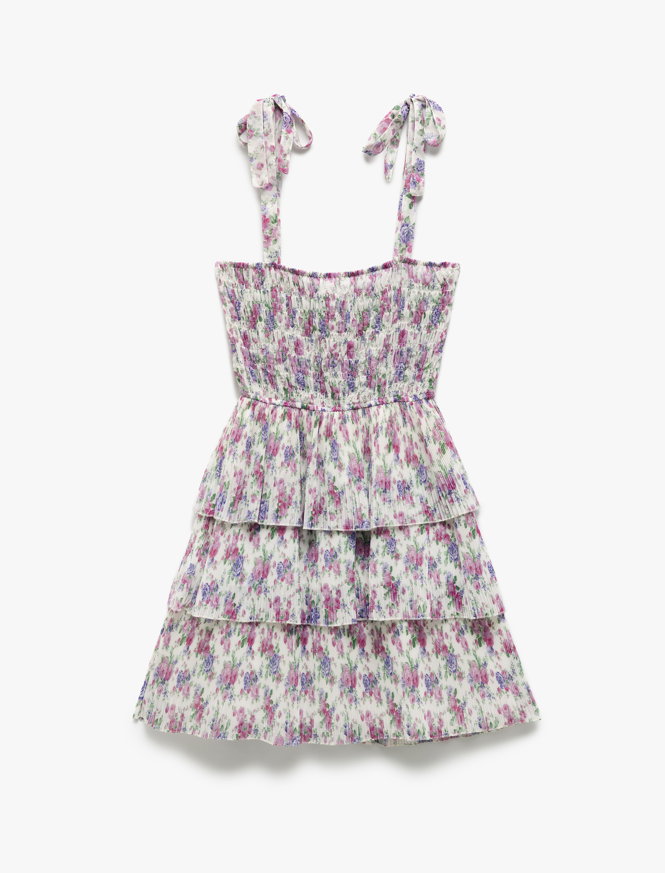   Katlı Volanlı Askılı Kare Yaka Çiçekli Viskon Mini Elbise