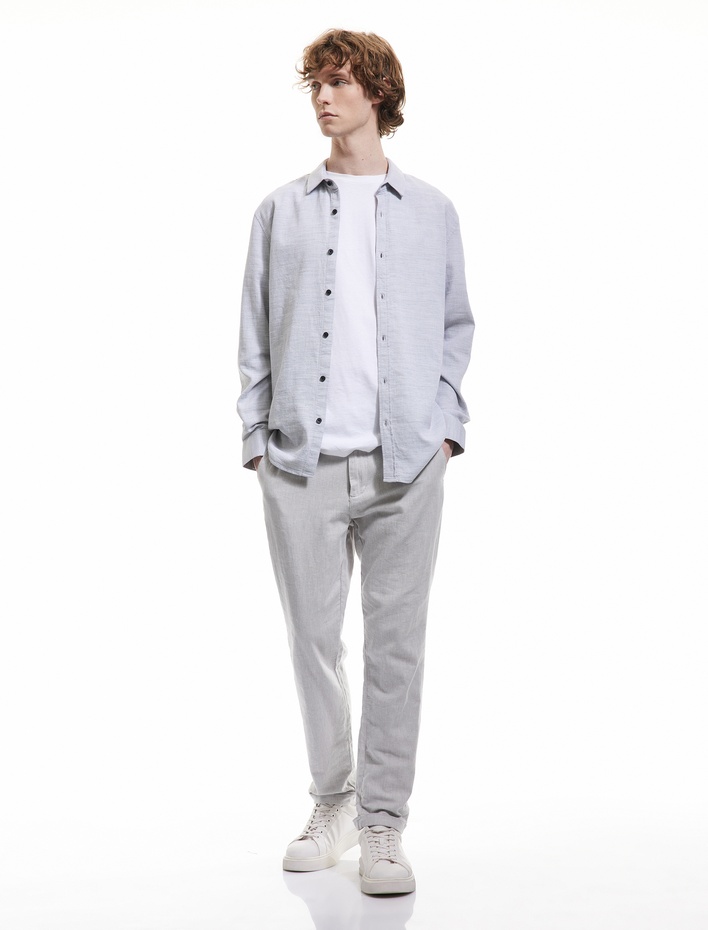  Pamuklu Düğmeli Regular Fit Armürlü Uzun Kollu Gömlek