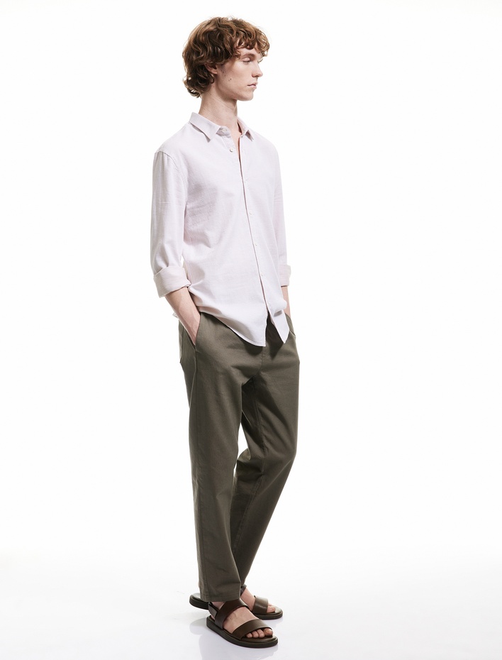  Pamuklu Düğmeli Regular Fit Armürlü Uzun Kollu Gömlek