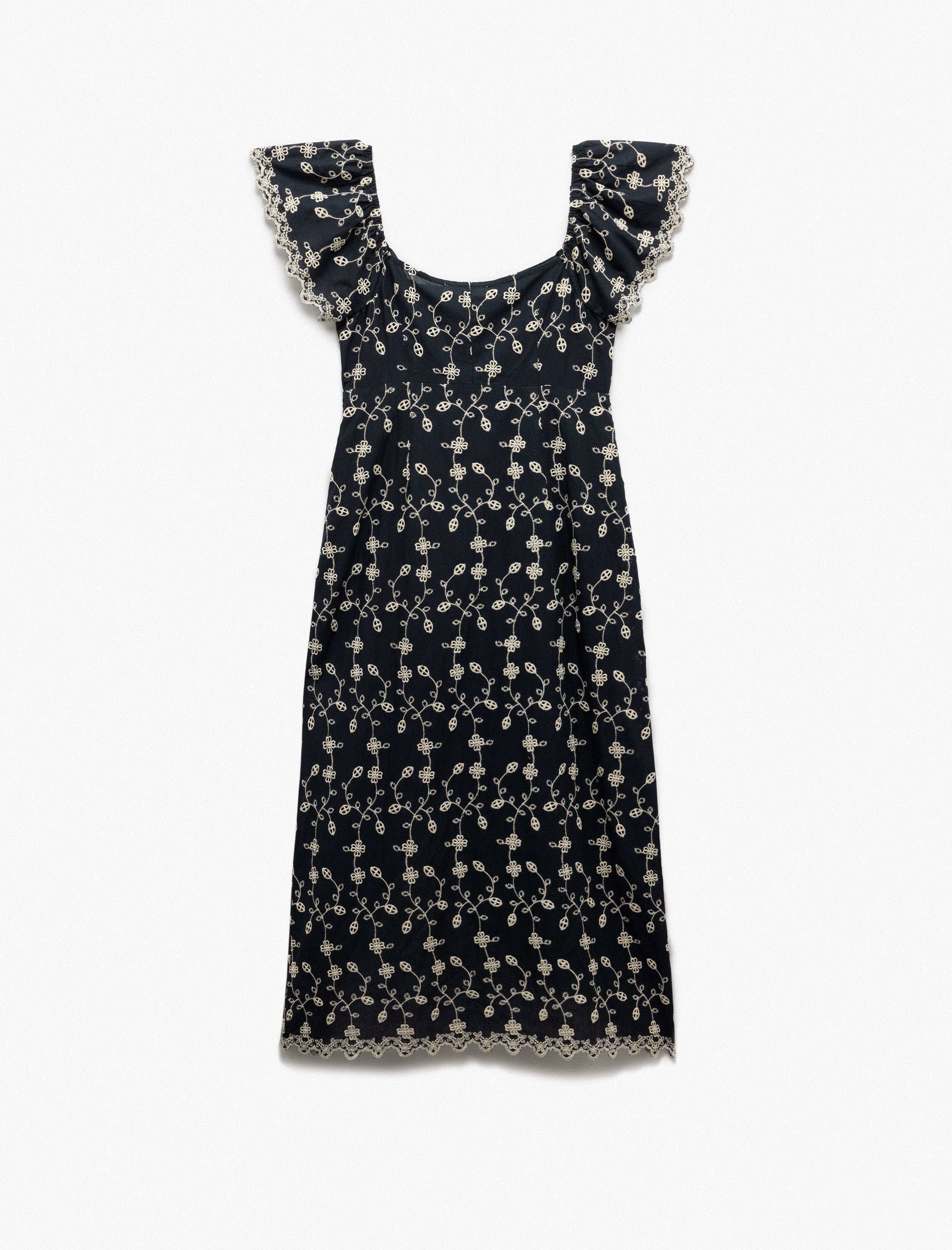   Çiçekli Kayık Yaka Omzu Açık Düğmeli Dantelli Uzun Elbise