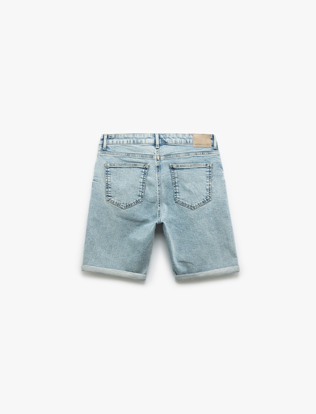 Pamuklu Slim Fit Katlamalı Paça Bermuda Jean Şort_3