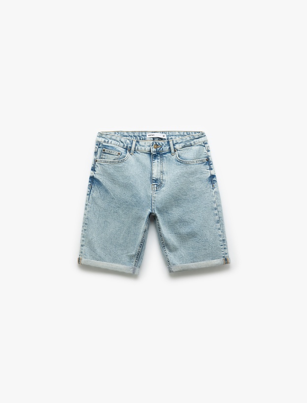 Pamuklu Slim Fit Katlamalı Paça Bermuda Jean Şort_2