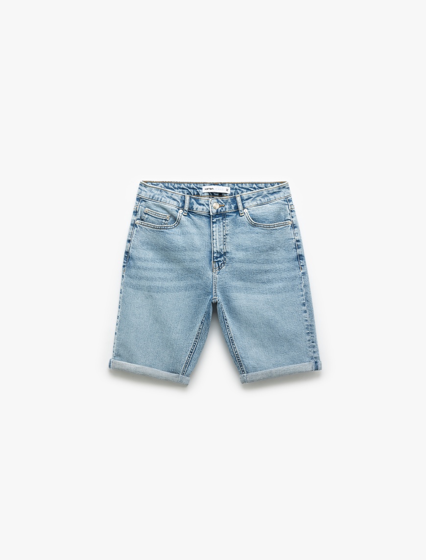   Katlamalı Paça Cepli Bermuda Slim Fit Denim Şort