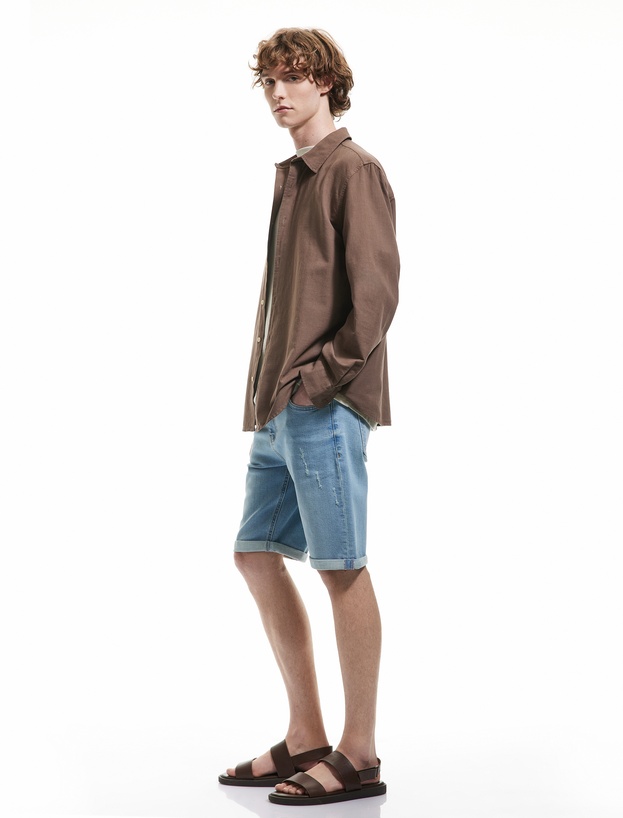 Pamuklu Katlamalı Paça Bermuda Slim Fit Denim Şort_1