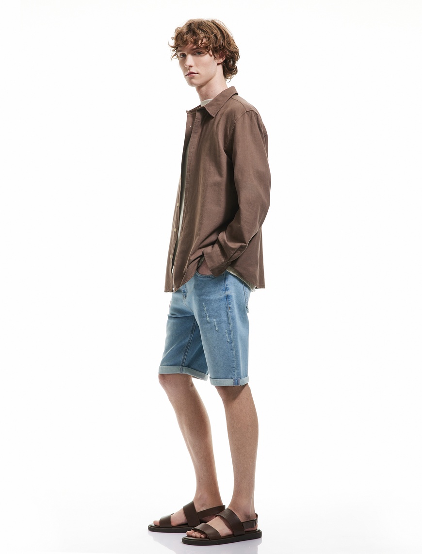   Pamuklu Katlamalı Paça Bermuda Slim Fit Denim Şort