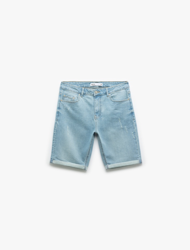 Pamuklu Katlamalı Paça Bermuda Slim Fit Denim Şort_3