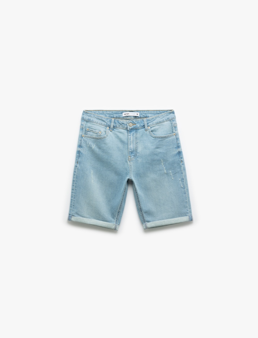   Pamuklu Katlamalı Paça Bermuda Slim Fit Denim Şort