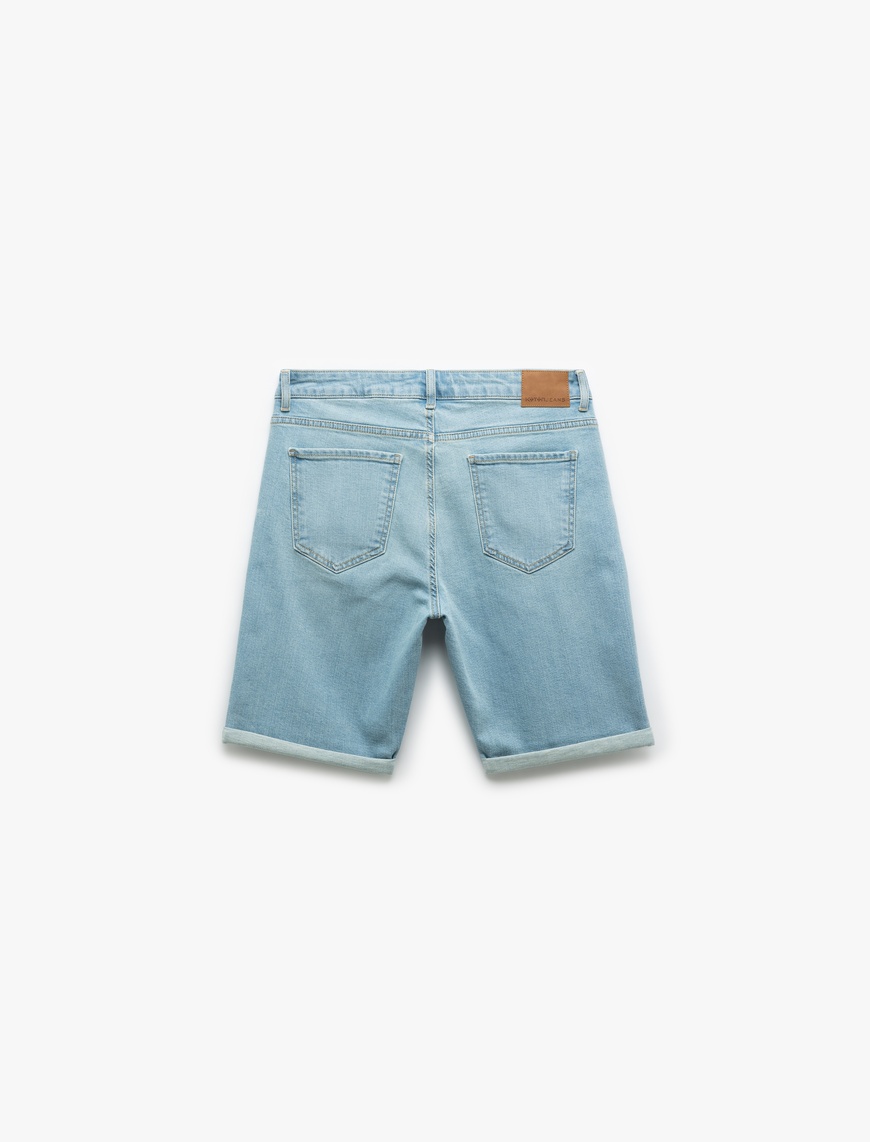   Pamuklu Katlamalı Paça Bermuda Slim Fit Denim Şort