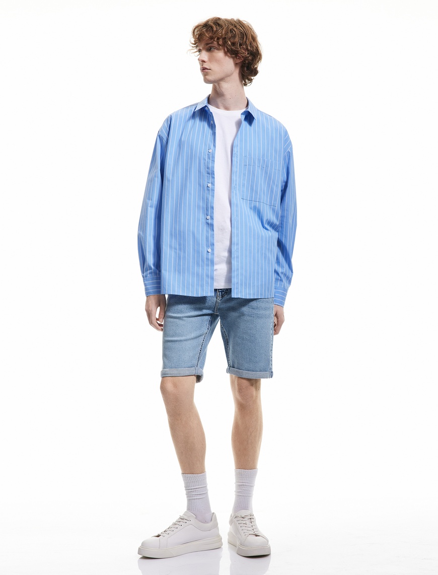   Katlamalı Paça Cepli Bermuda Slim Fit Denim Şort