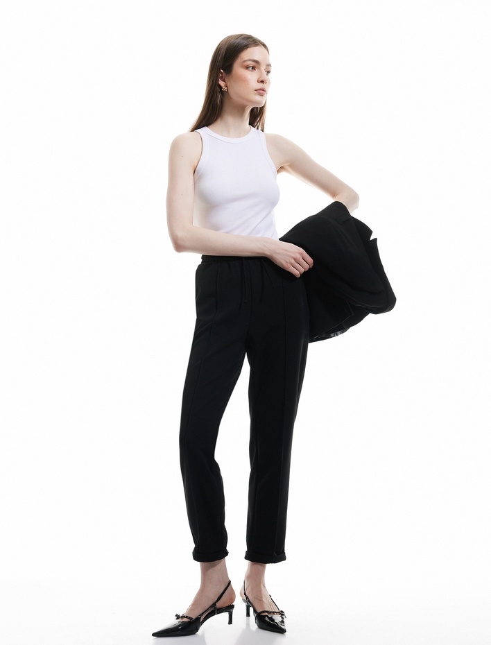  Beli Bağlamalı Cepli Nervürlü Krep Scuba Kumaş Pantolon