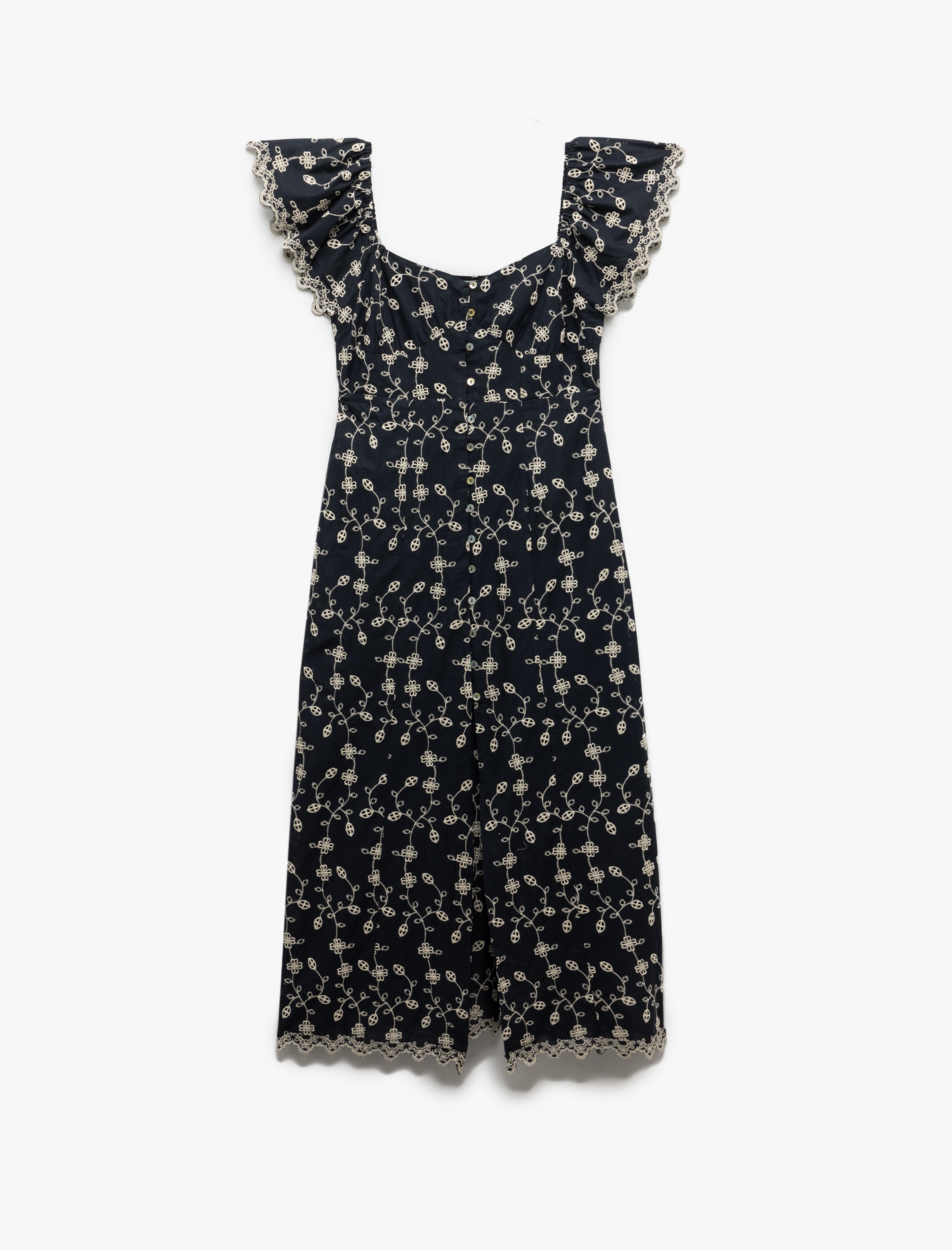   Çiçekli Kayık Yaka Omzu Açık Düğmeli Dantelli Uzun Elbise