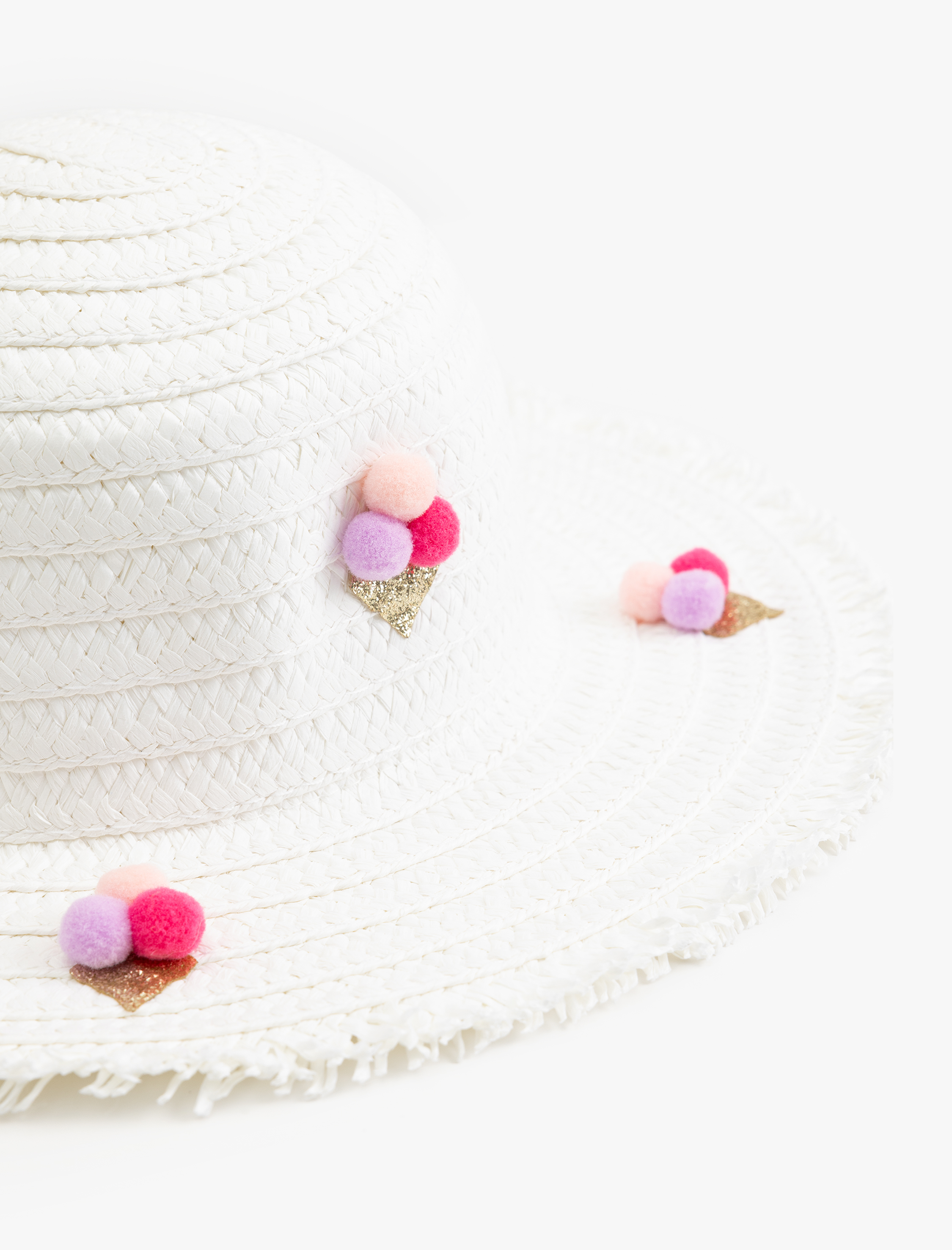  Kız Çocuk Ponpon Detaylı Hasır Şapka