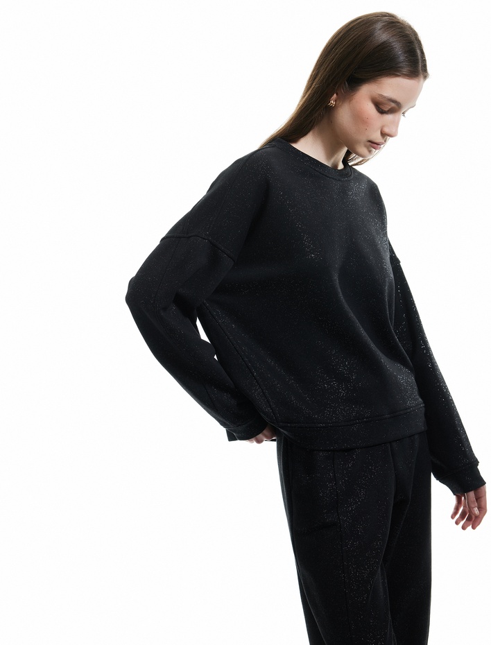  Üç İplik Şardonlu Bisiklet Yaka Uzun Kollu Parıltılı Sweatshirt