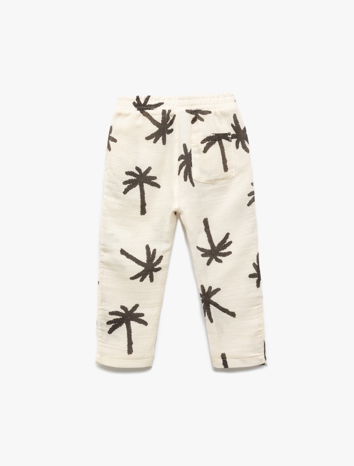 Erkek Bebek Beli Bağcıklı Pamuklu Cepli Palmiye Desenli Pantolon