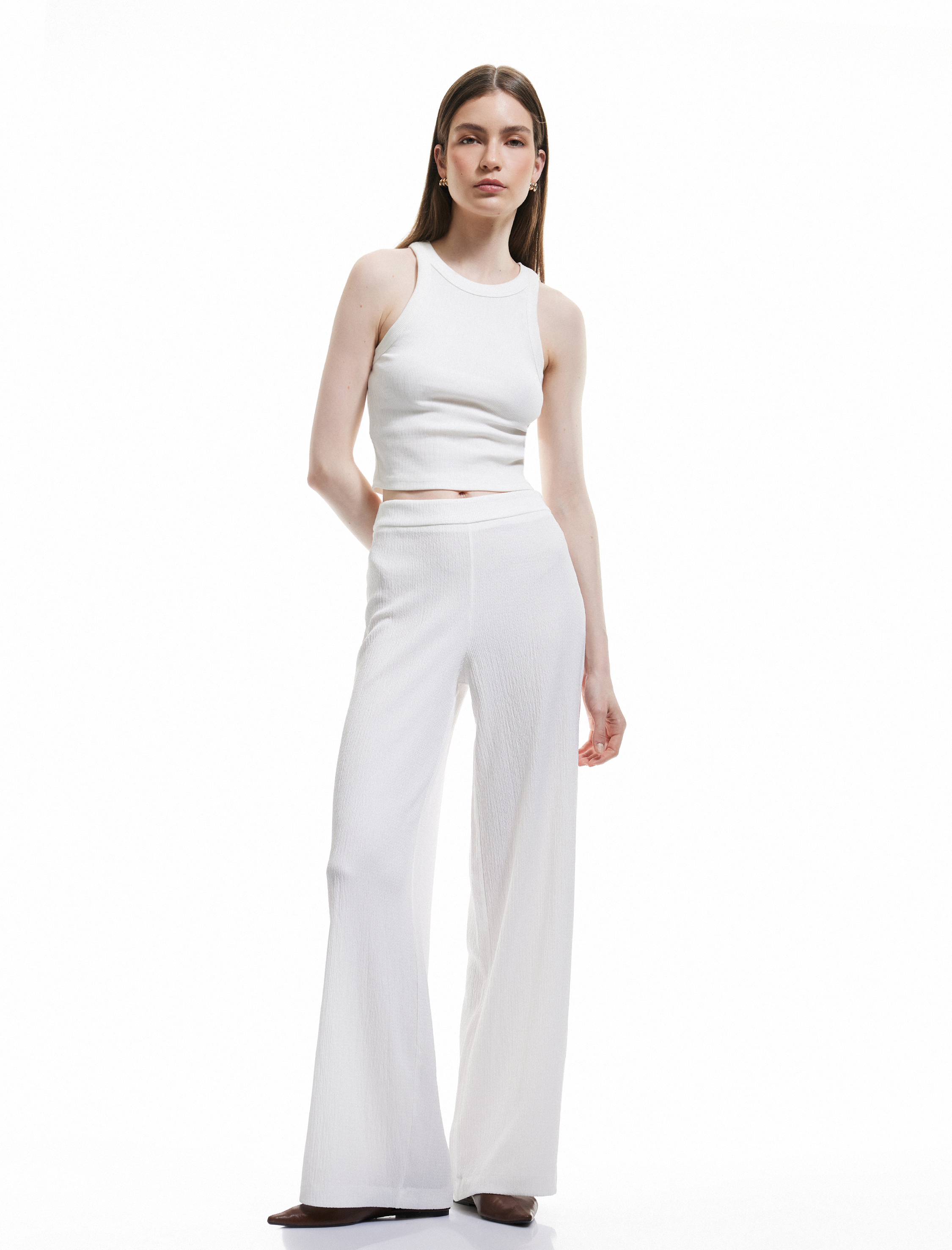 Dokulu Yüksek Bel Bol Paça Pantolon