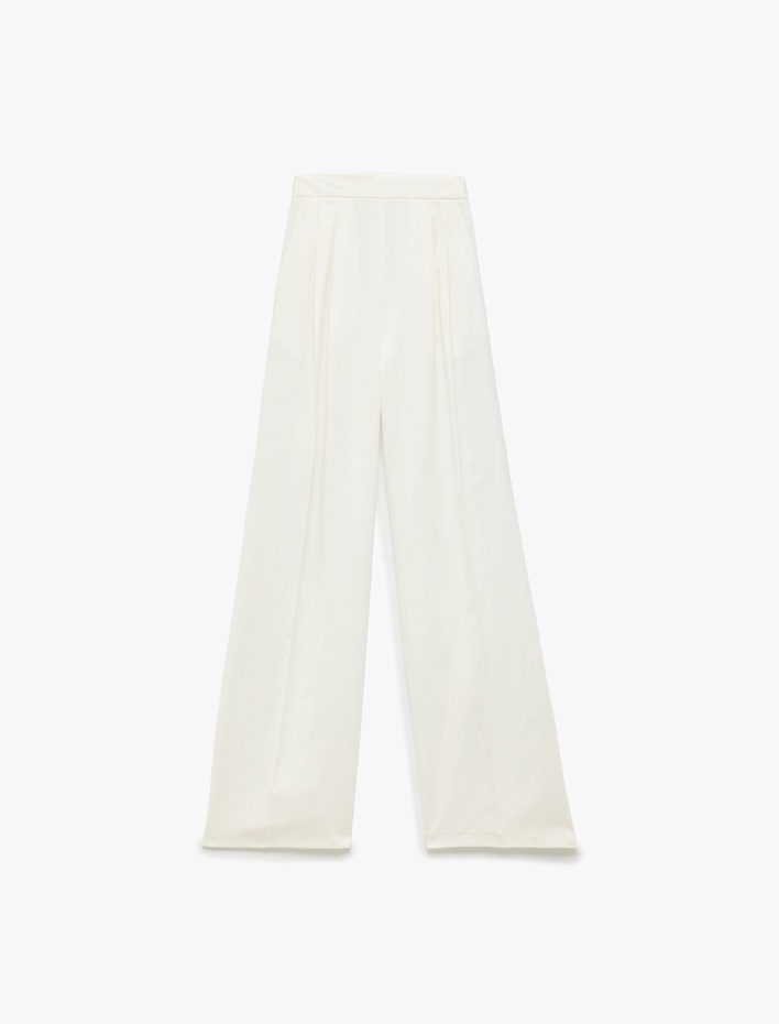  Beli Lastikli Cepli Keten Karışımlı Yüksek Bel Geniş Paça Pantolon