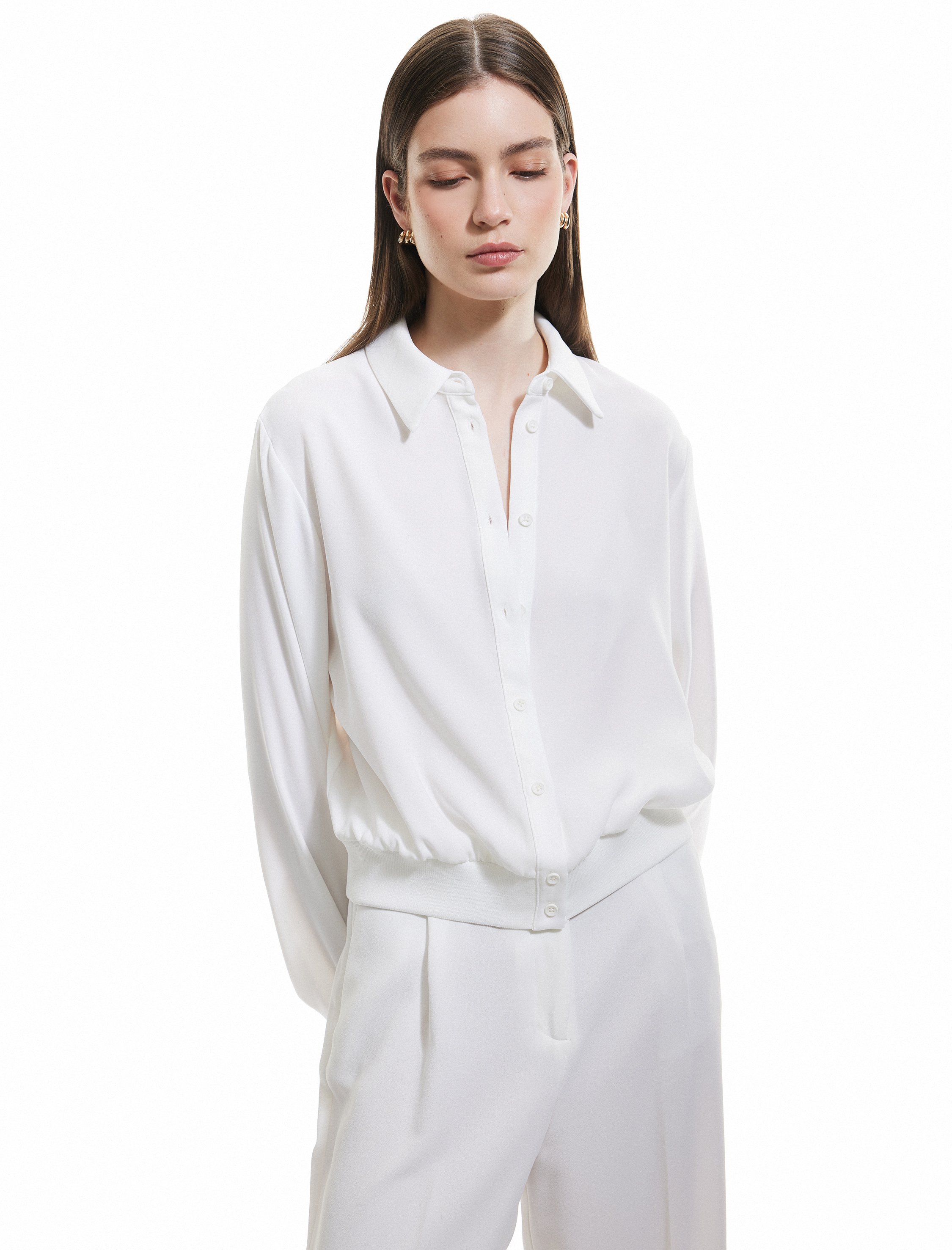   Düğmeli Uzun Kollu Klasik Yaka Krep Gömlek