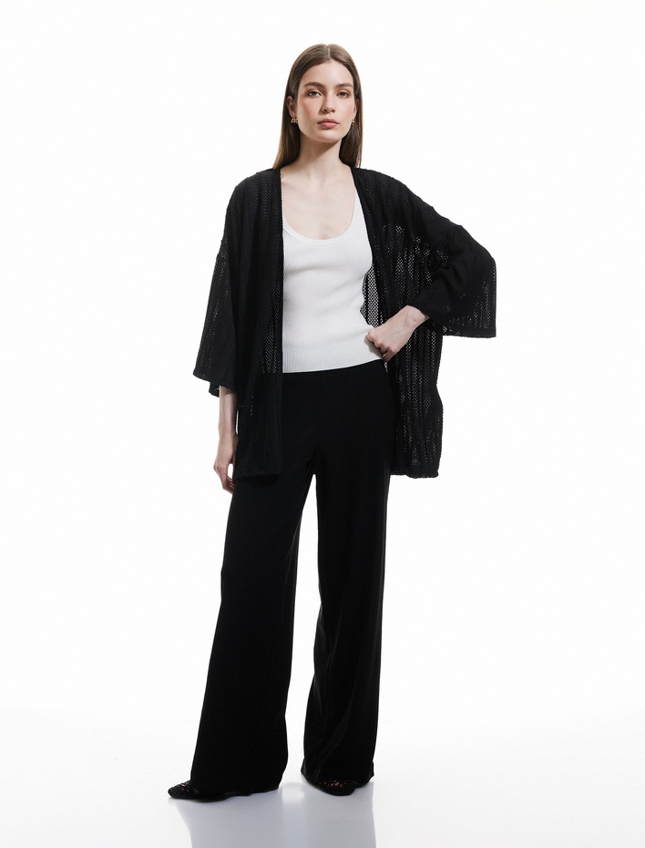  3/4 Kısa Kollu Ajurlu Basic Triko Uzun Hırka