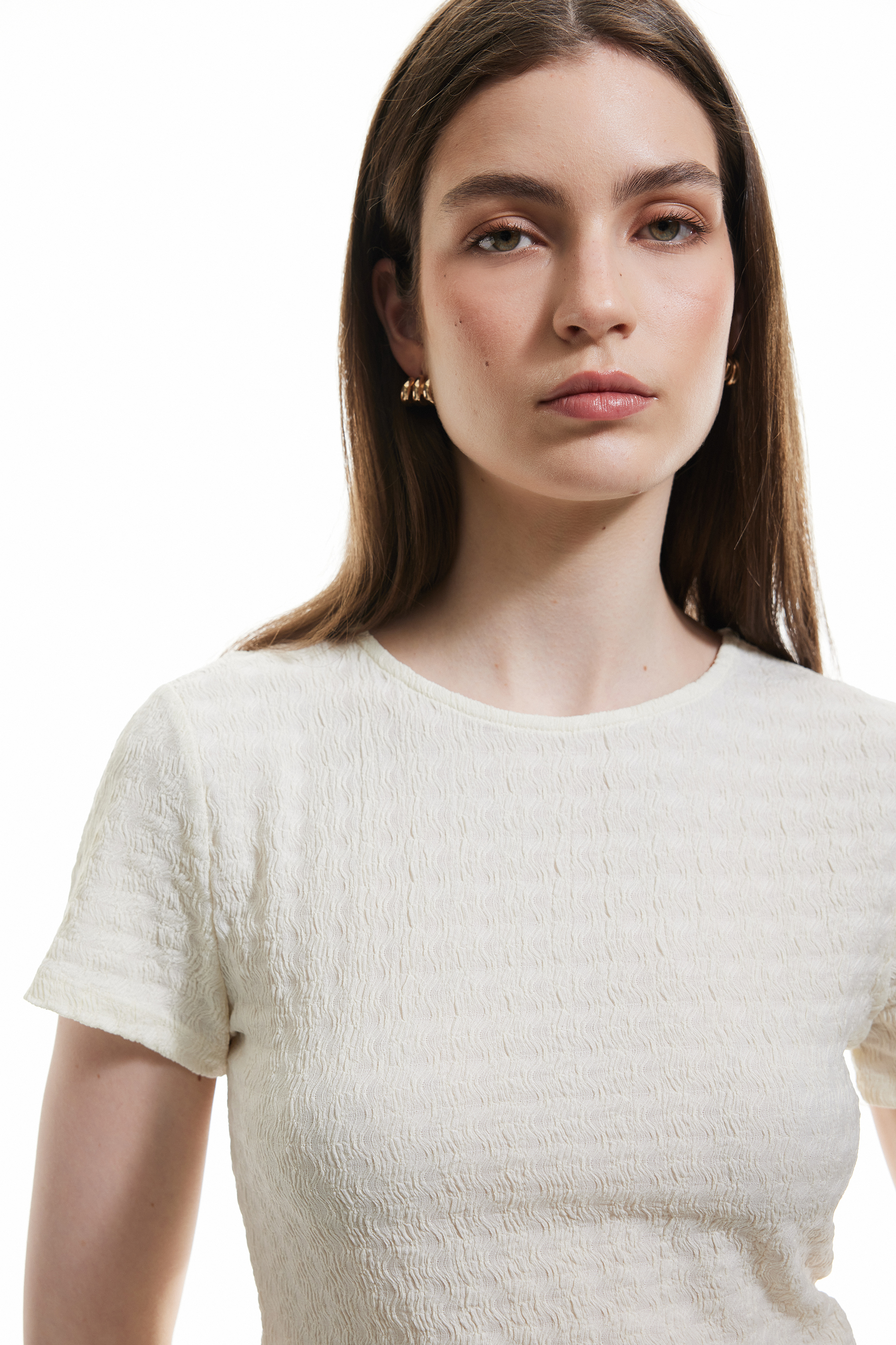   Bürümcük Kumaş Dokulu Kısa Kollu Bisiklet Yaka Peplum Tişört