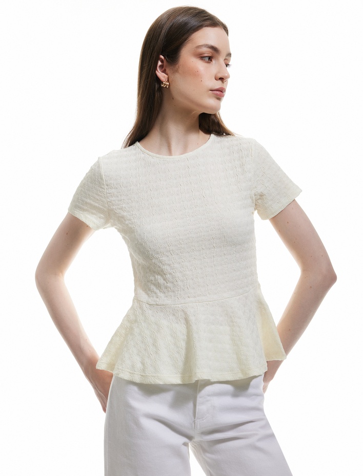  Bürümcük Kumaş Dokulu Kısa Kollu Bisiklet Yaka Peplum Tişört