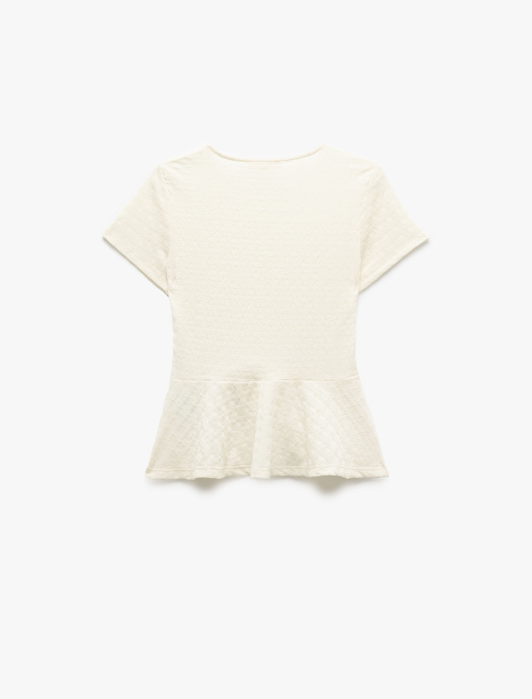   Bürümcük Kumaş Dokulu Kısa Kollu Bisiklet Yaka Peplum Tişört