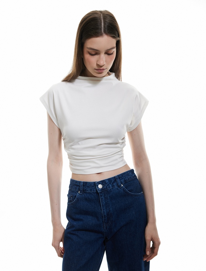  Pamuklu Sandy Kumaş Drapeli Slim Fit Dik Yaka Kolsuz Tişört