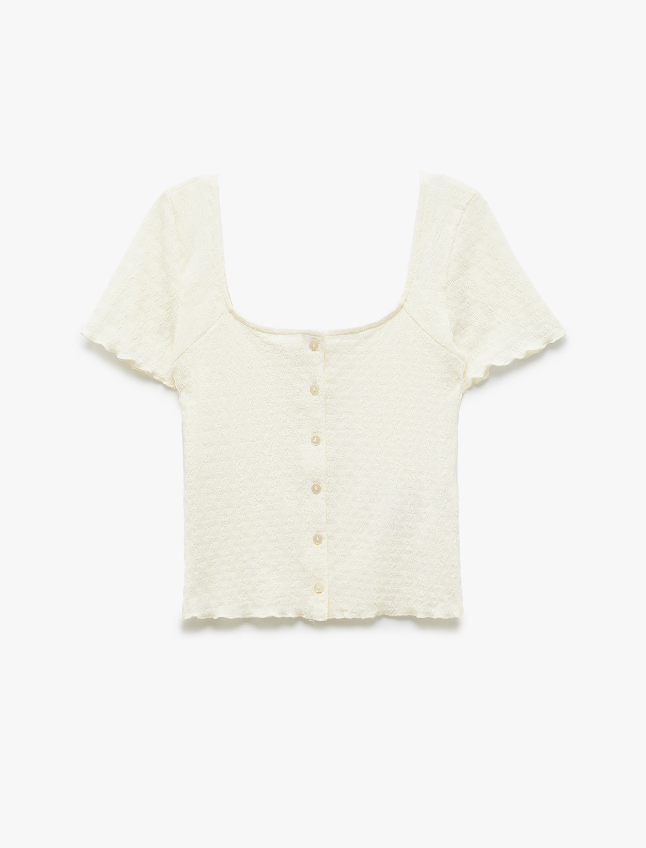   Dokulu Düğmeli Kısa Kollu U Yaka Bluz