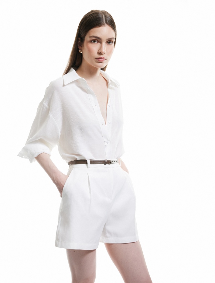  Pamuklu - Viskon Kumaş Cepli Kemerli Bermuda Mini Şort